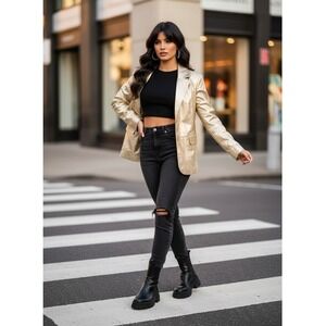 Terry Lewis Classic Chic Luxuries Genuine Leather Metallic Gold Blazer Jacket PM